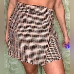 Brown Urban Outfitters Houndstooth Wrap Mini Skirt